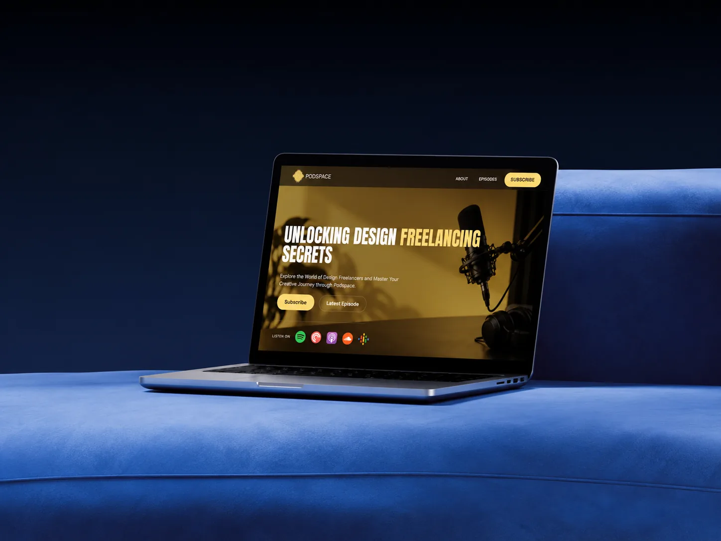 Podspace podcast website built in Webflow, shown on a laptop on a blue sofa
